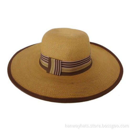 Women's Paper Braid Floppy, Strip Grosgrain Band/Brim Edge and Cross Piece